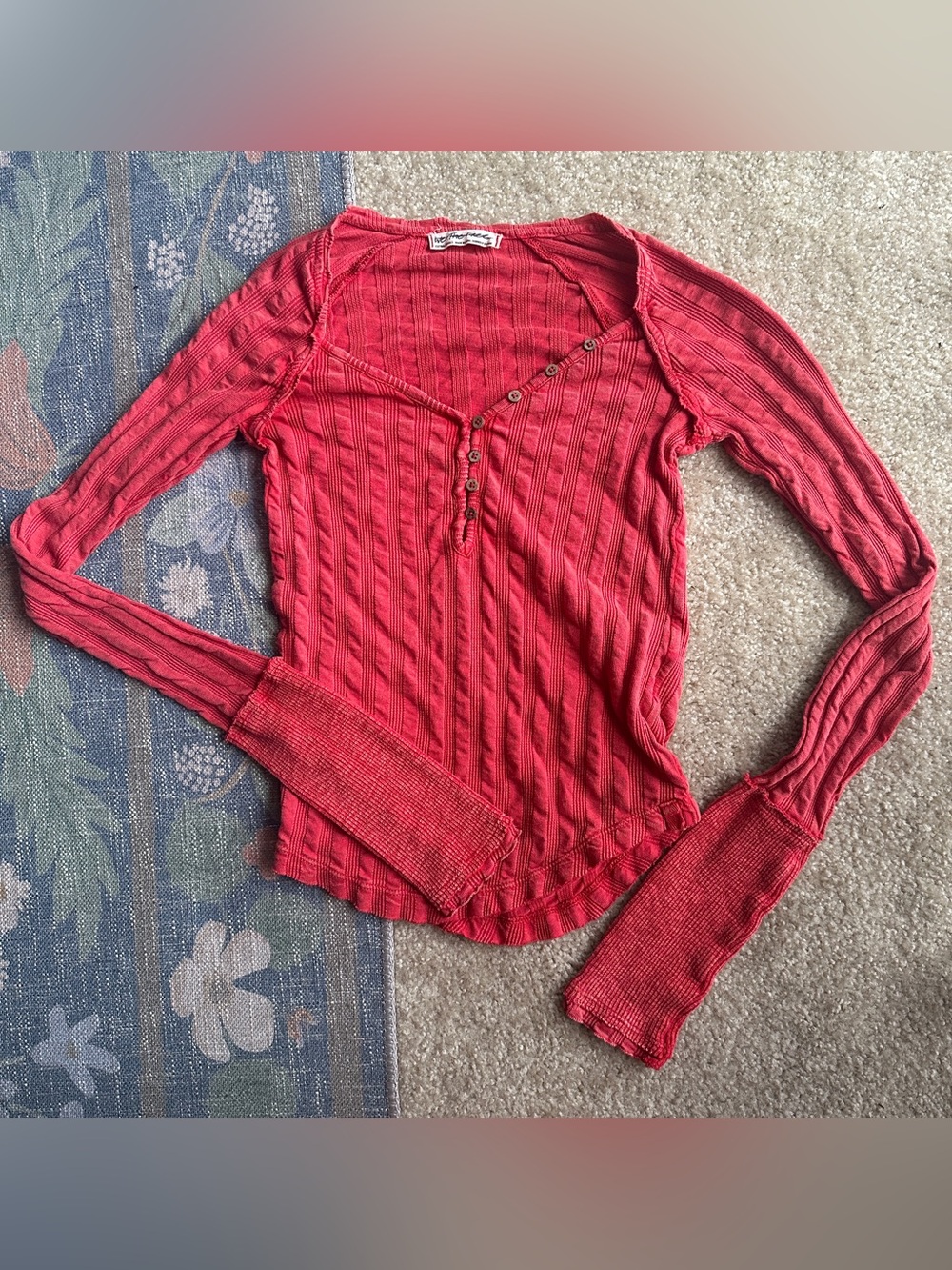 We The Free Red Ribbed Henley Long Sleeve Top